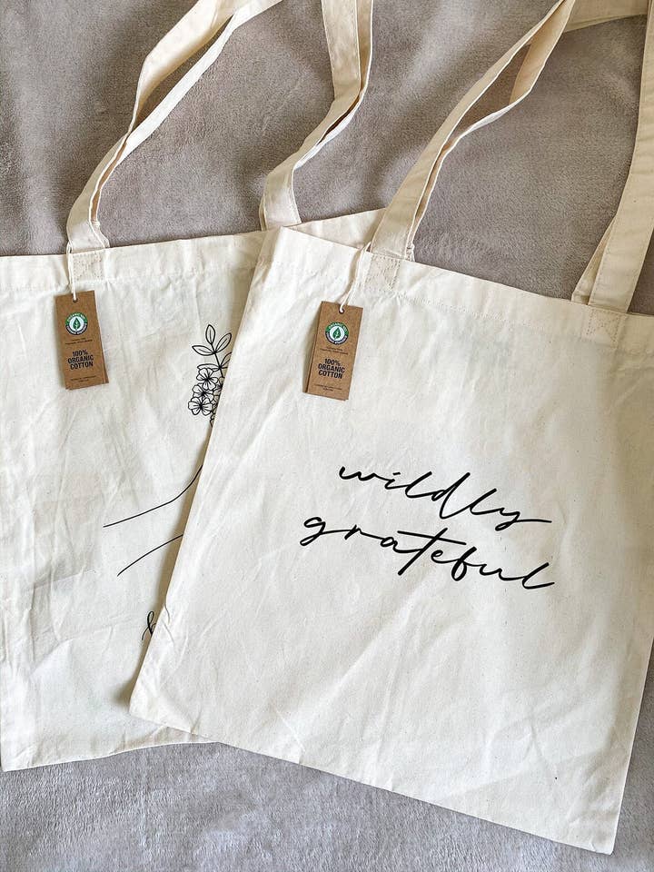 Wildly Grateful Organic Cotton Tote Bag for wholesale by Wilderness Grace