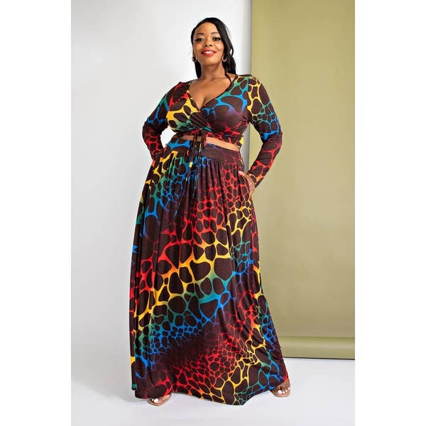 PLUS LONG SLEEVE WRAP TOP AND MAXI SKIRT SET for wholesale by Black Pearl Clothing
