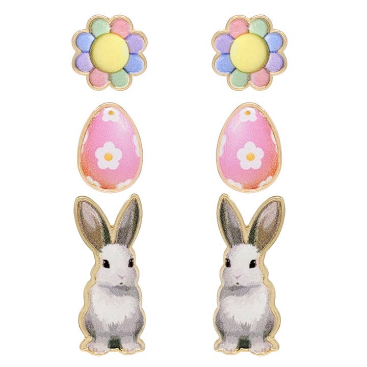 Ensemble de boucles d'oreilles imprimées avec fleurs et œufs de lapin de Pâques pour la vente par Fashion City