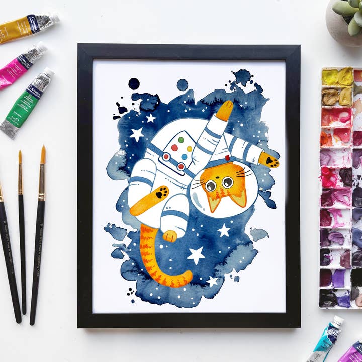 Cat Astronaut Print – Space Explorer Cat Art for wholesale by Owlfeathers Watercolor