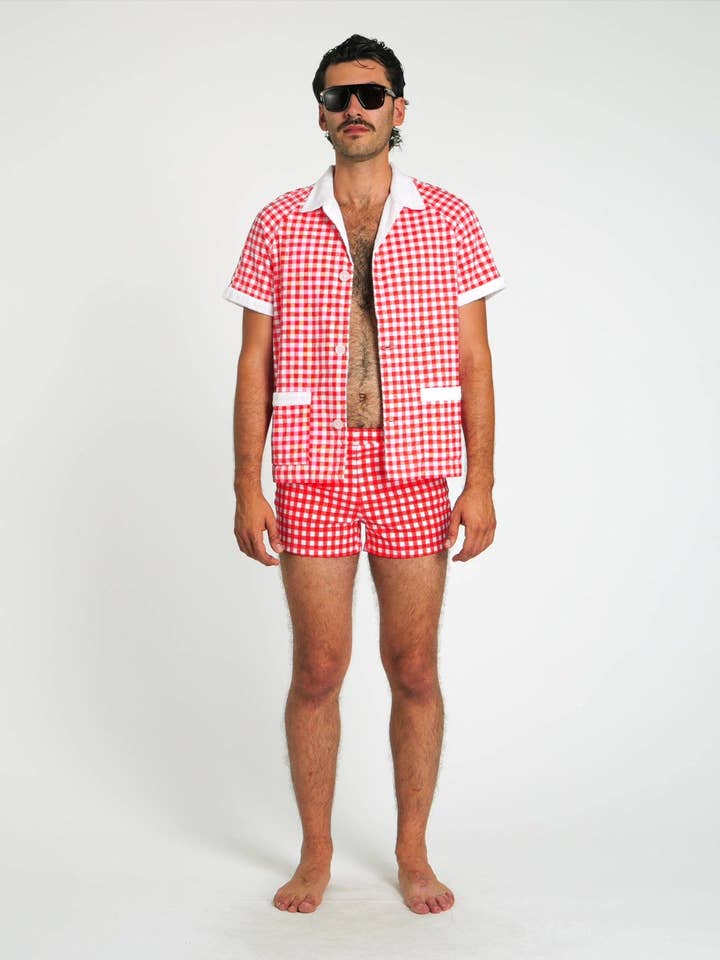 Gingham Cabana Shirt (Red) for wholesale by Hammies