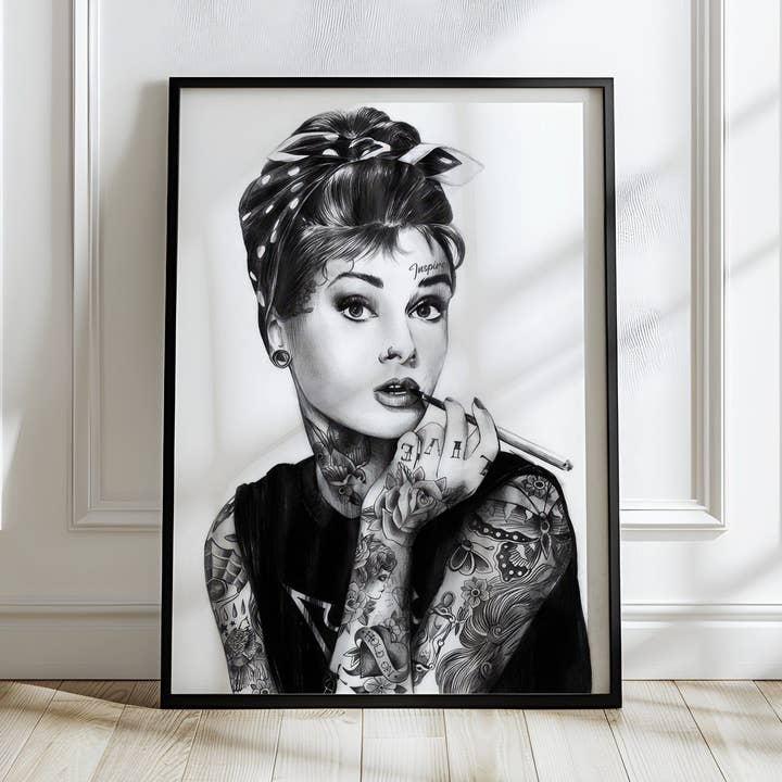 Tattooed Audrey Hepburn Wall Art | Bold Retro Glam Pop Art Print for wholesale by Belter Prints