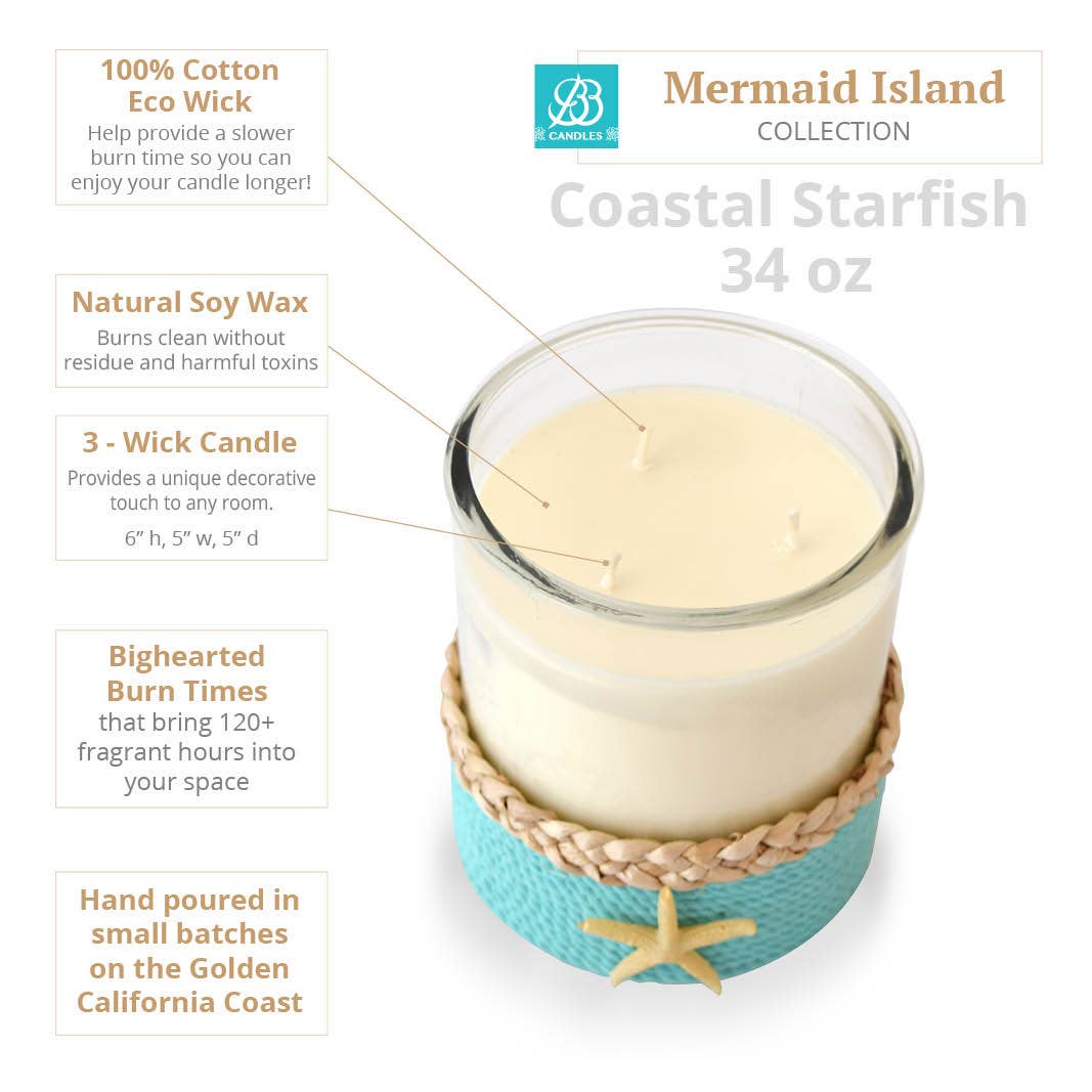 REMOVED BRAND - Vente Bougie en bocal - Étoile de mer côtière 3 mèches - Linge de plage 34 oz.4