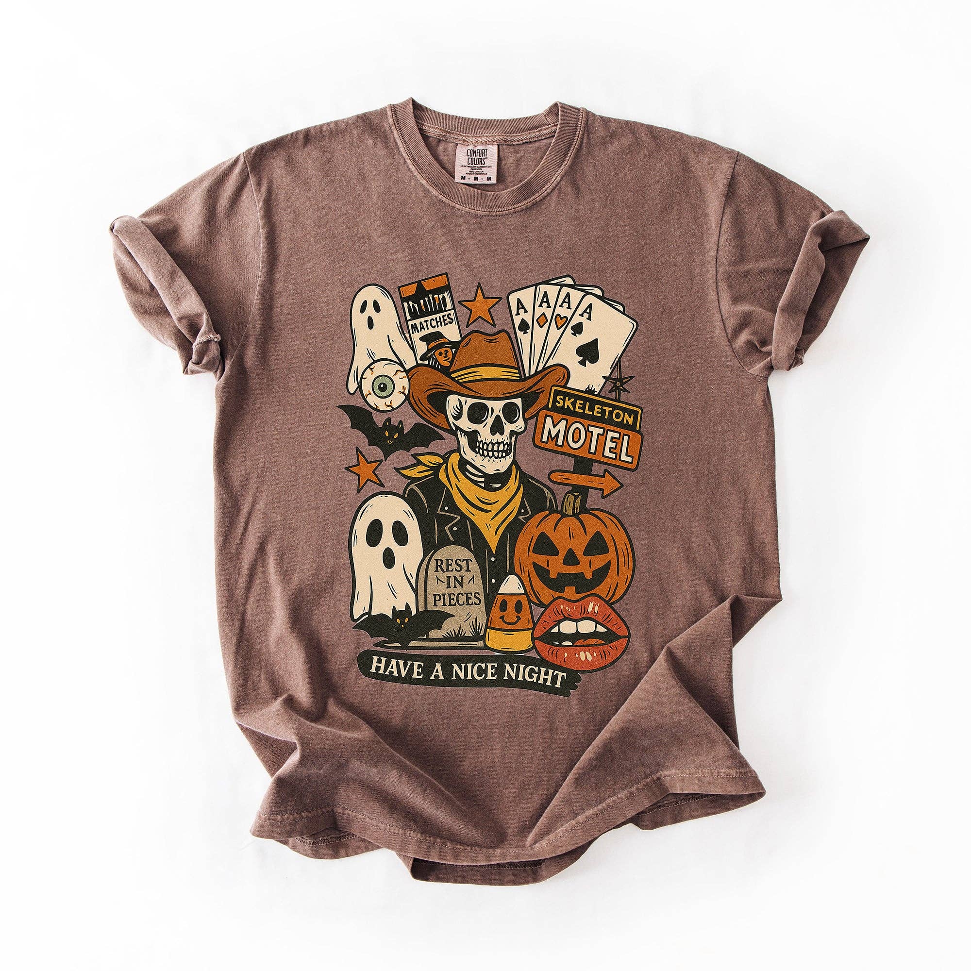 Refinery Number One LLC - Vente T-shirt à imprimés – unisexe - T-shirt rétro squelette motel, classique, vintage Halloween2