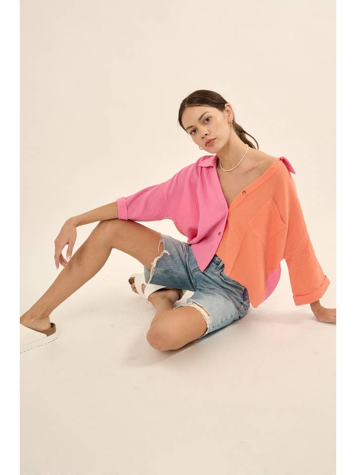 Promesa USA - Vente Chemise à col boutonné – femme - Chemise à ourlet brut en coton froissé à blocs de couleurs3