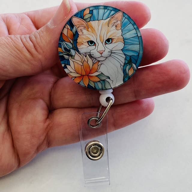 Porta Badge Retrattile con Finto Vetro Colorato Gatto Arancione per la vendita all'ingrosso da parte di Spellbound Rose Creations