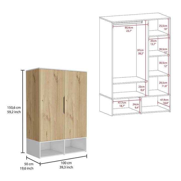 Light Oak White Rosie armoire, two open shelves, double door, hanging rod for wholesale on Faire6
