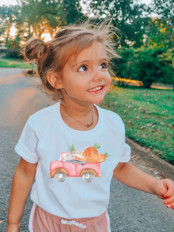 Painted Skies - Wholesale Screen Printed T-Shirt - Kids - Pink Watercolor Easter Truck With Carrots Toddler Tee0