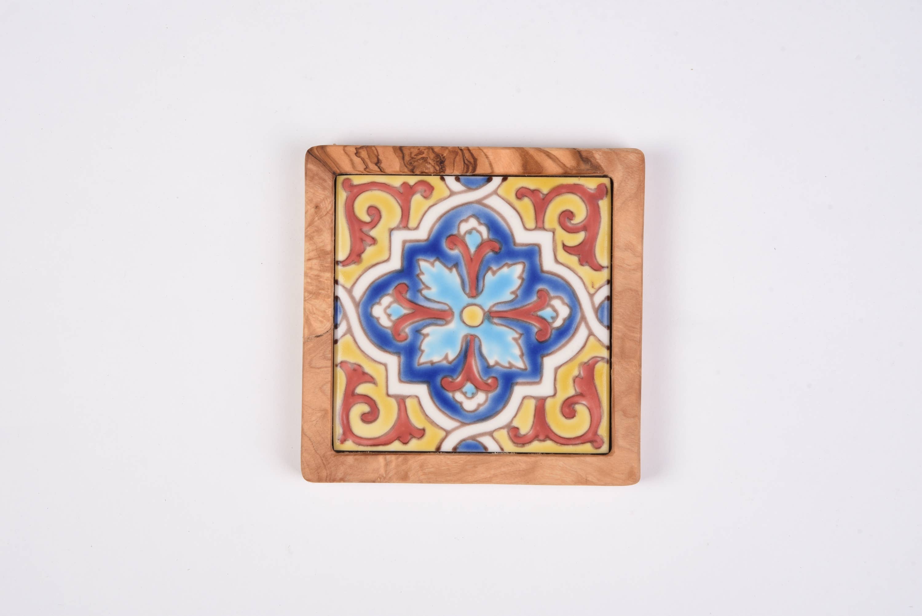 Carré Olive Wood - Wholesale Coasters - Olive Wood and Ceramic Coaster- San Diego Yellow