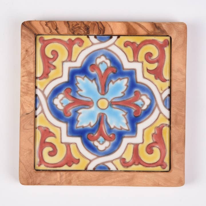 Carré Olive Wood - Wholesale Coasters - Olive Wood and Ceramic Coaster- San Diego Yellow0