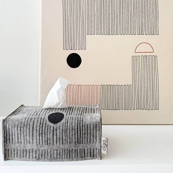 Tissue Box Cover Rect/Charcoal Peeka Print on Grey Wool Felt for wholesale by olgajoan