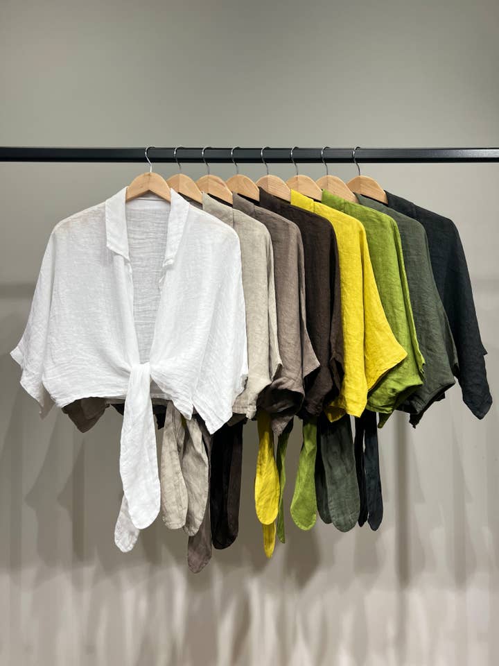 L'Emotion - Wholesale Blouse - Women's - Cropped Blouse 3/4 Sleeve Tied 100% Linen