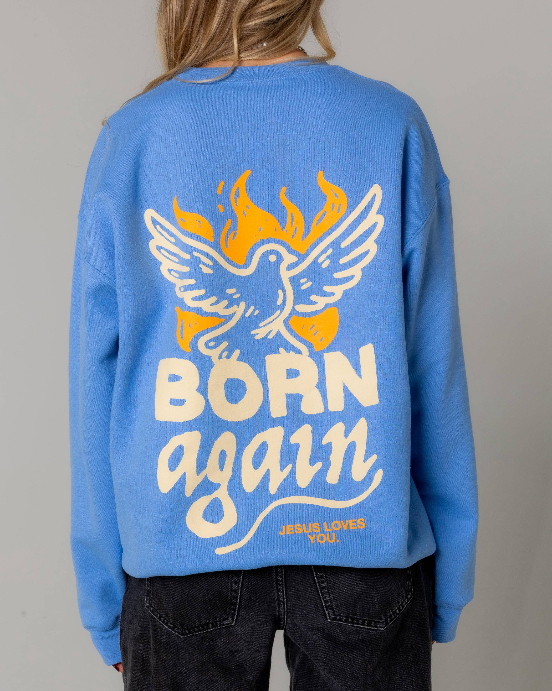 Jesus Loves You Company - Wholesale Graphic Sweatshirt - Unisex - "Born Again" Dove Crewneck || University Blue1