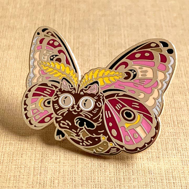 Moth Cat Maroon Enamel Pin for wholesale by Paper Puffin