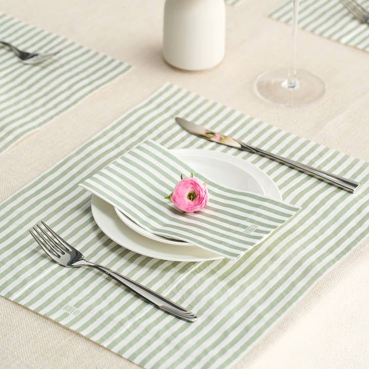 The Wine Savant / Khen Glassware - Wholesale Disposable Napkin - Green & White Striped Disposable Napkins & Placemats, 100pcs1