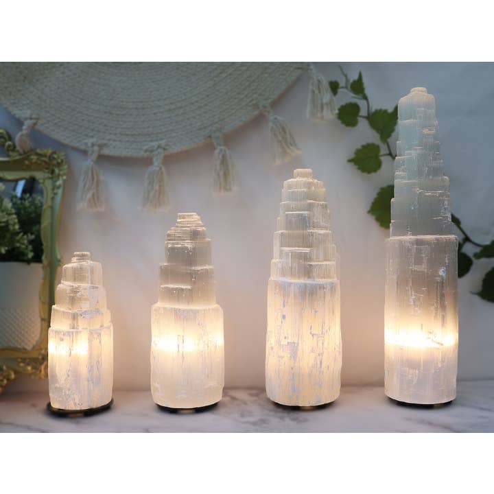 Natures Artifacts Inc - Wholesale Accent/Desk Lamp - Selenite Crystal Lamp from Morocco - Choose Your Size5
