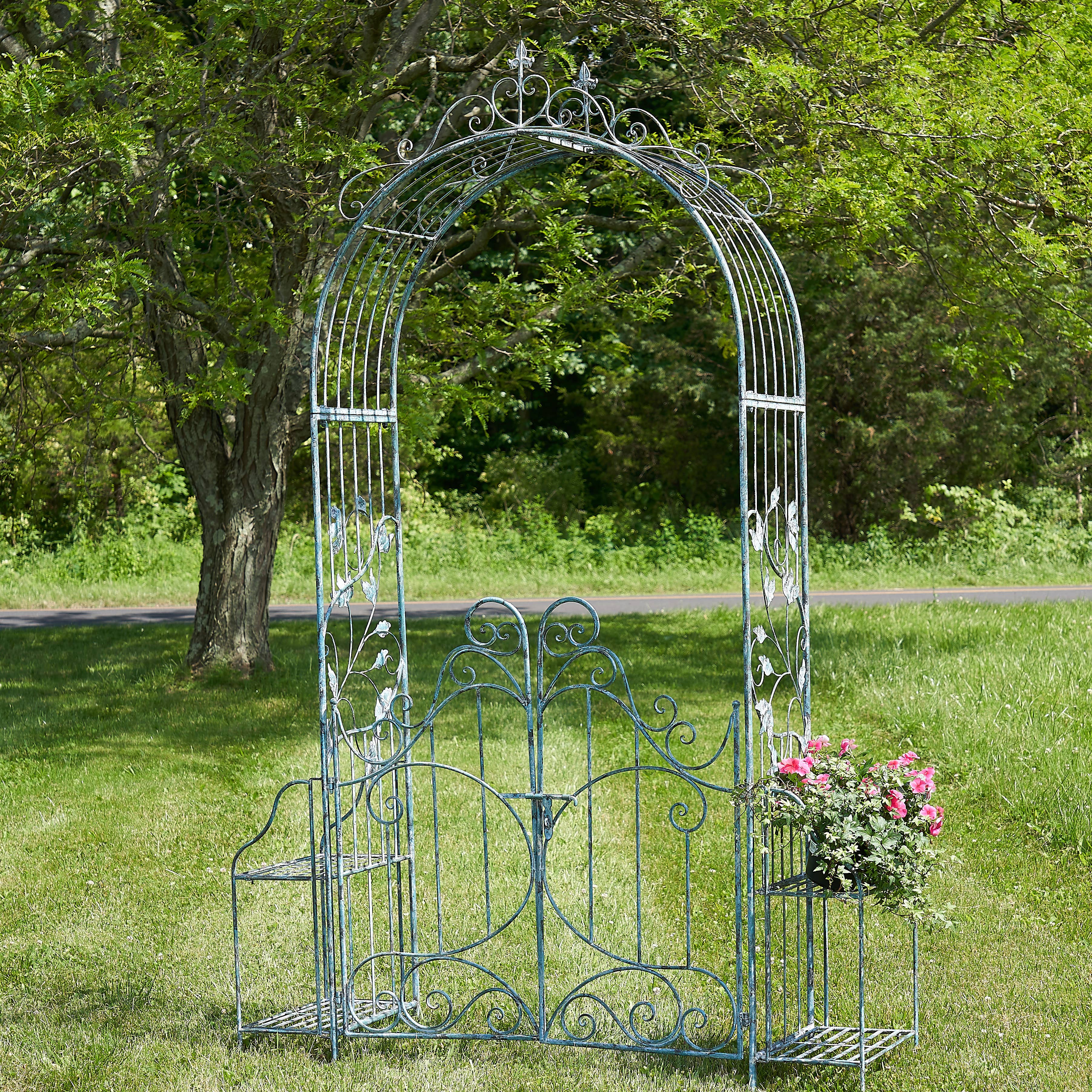Zaer Ltd. International - Wholesale Outdoor Ornament/Decor - Iron Garden Gate w/Side Plant Stands "Stephania" in 3 Colors1