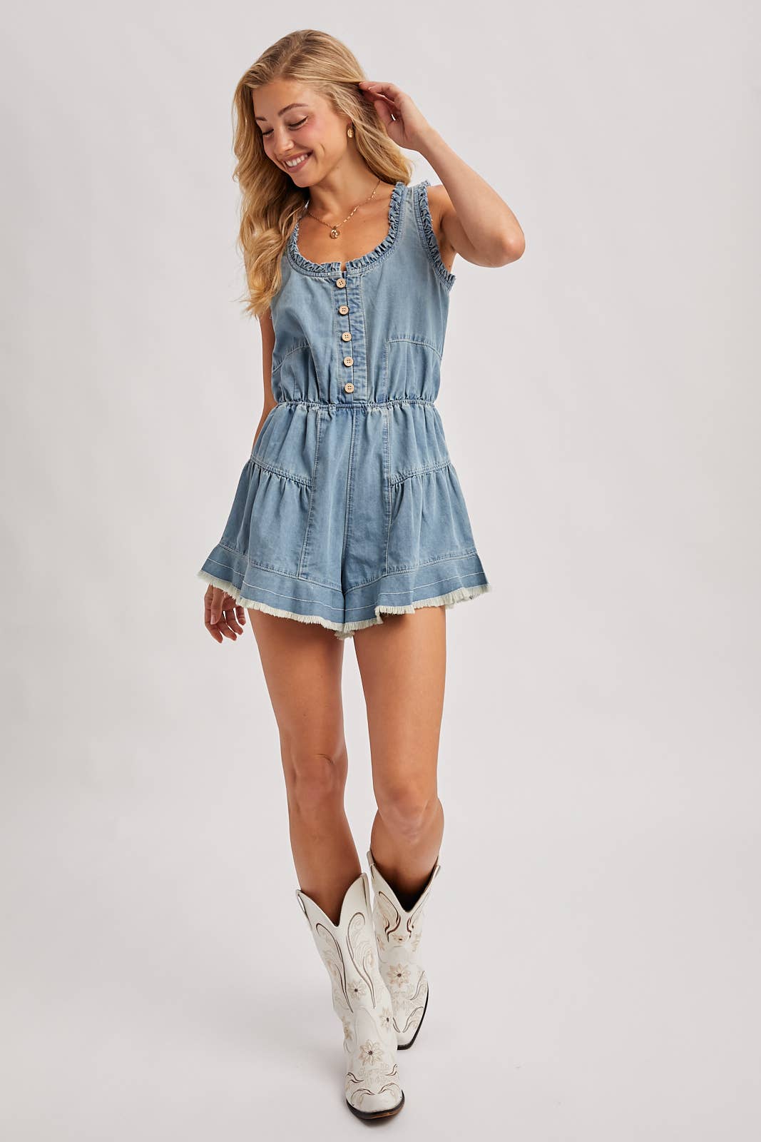 Bluivy - Wholesale Romper - Women's - BUTTON FRONT SCOOP NECK RUFFLED DENIM ROMPER9