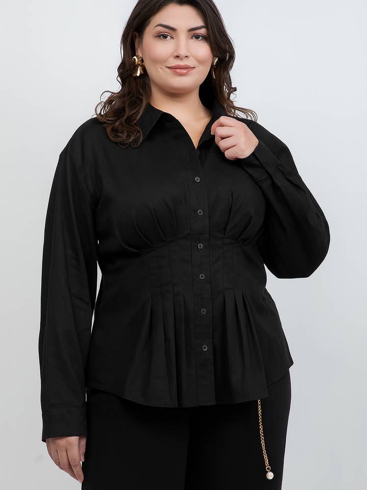 Plus Size Pleated Waist Button-Down Poplin Blouse SU2729P-T for wholesale by Haute Fox Plus Size & Contemporary