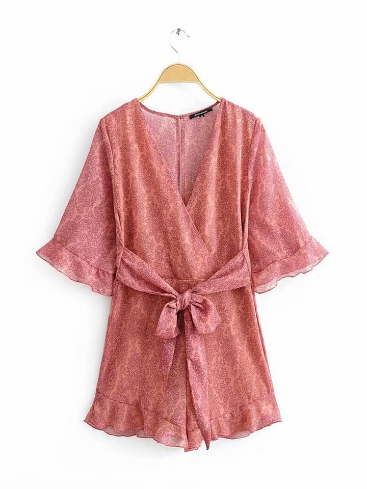 FS Collection - Wholesale Dress - Women's - V Neck & Back Detail Playsuit In Peach With Floral Print