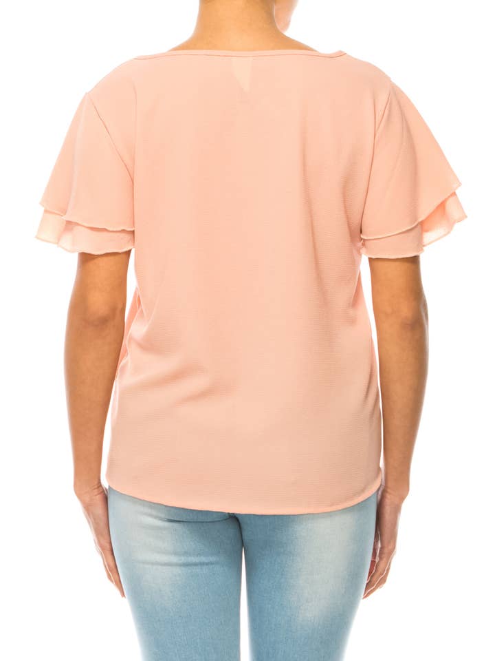 MOA COLLECTION - Wholesale Blouse - Women's - Casual Solid Flowy Short Flutter Sleeve Key Hole Blouse22