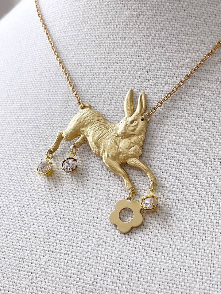 Brass woodland rabbit pendant necklace - Jack Rabbit for wholesale by Pearl and Ivy Studio