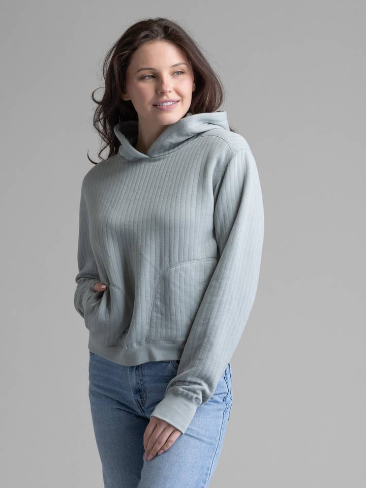 Women's Lucia Vertical Quilt Hooded Pullover for wholesale by LIV Outdoor