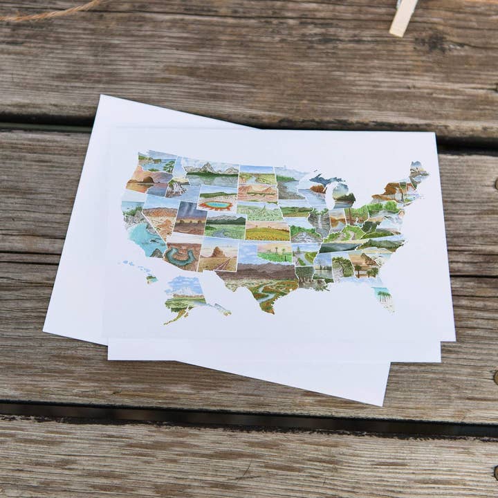 Biglietto di auguri USA, carta degli Stati Uniti, cartolina con mappa, cartolina USA per la vendita all'ingrosso da parte di Emilie Taylor