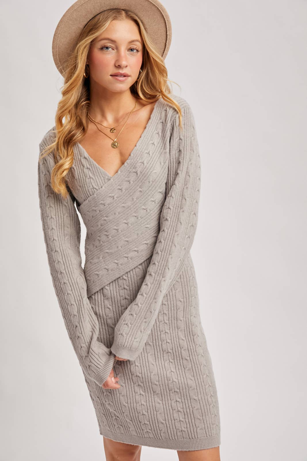 Bluivy - Wholesale Dress - Women's - V-NECK CABLE KNIT SWEATER WRAP DRESS12