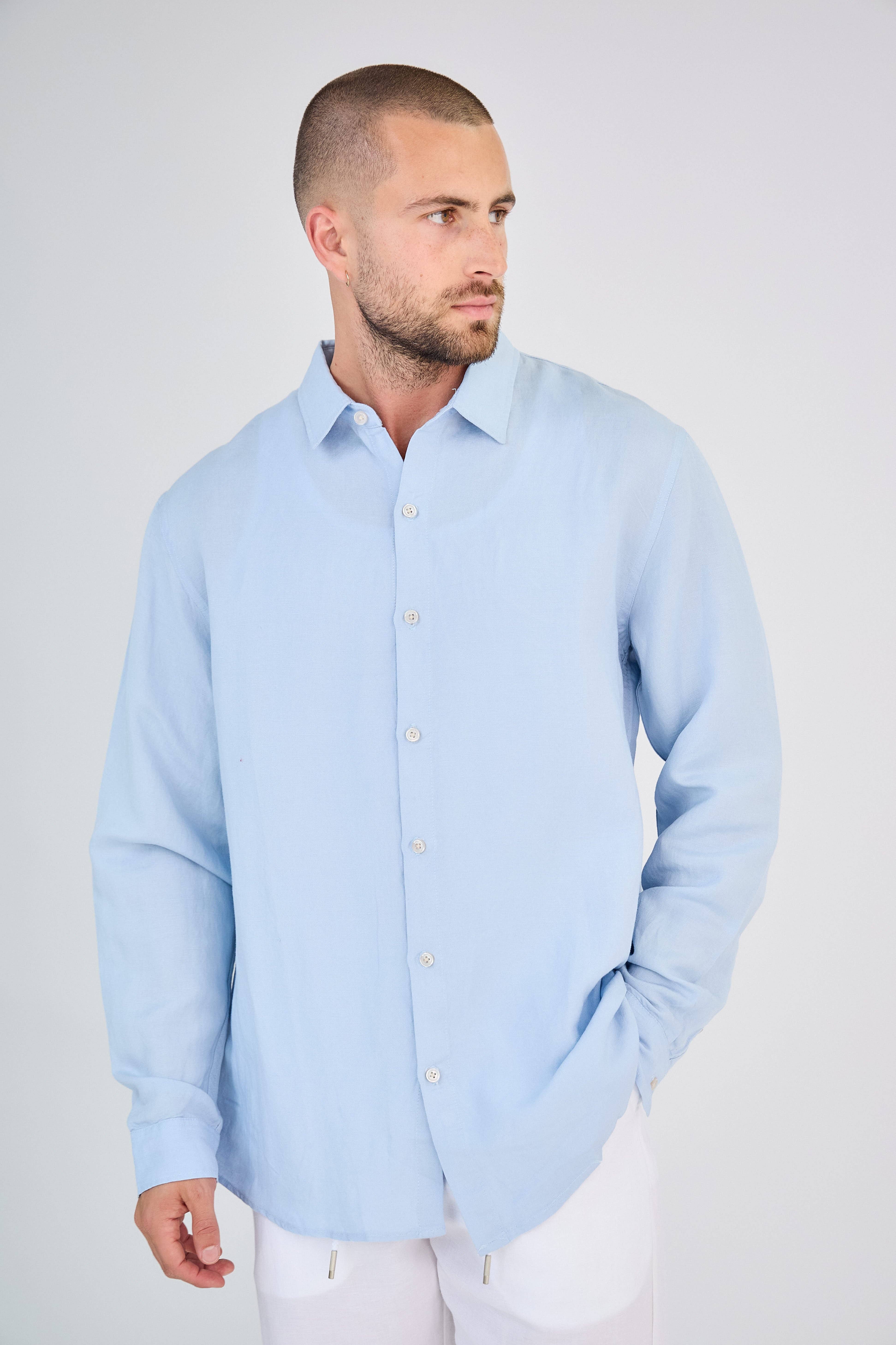 TOP MONDAY - Wholesale Shirt - Men's - Light Blue Long Sleeve Linen Shirt4