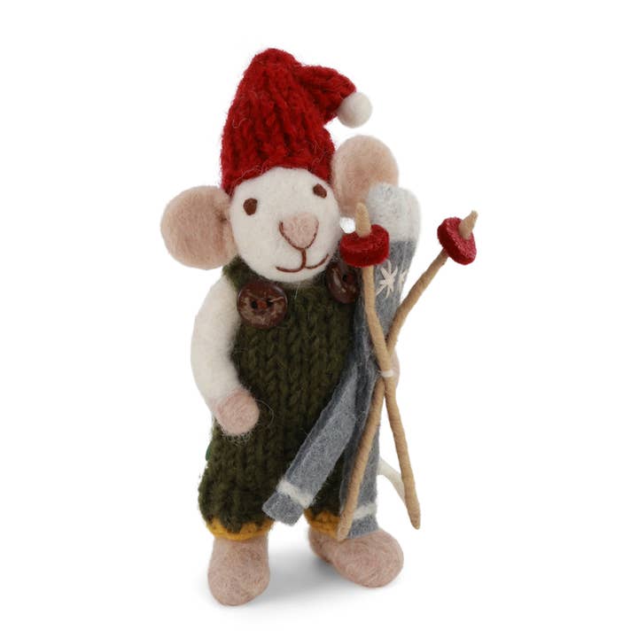 Gry and Sif - Wholesale Christmas Decoration - Small White Boy Mouse w/Green Pants & Ski0