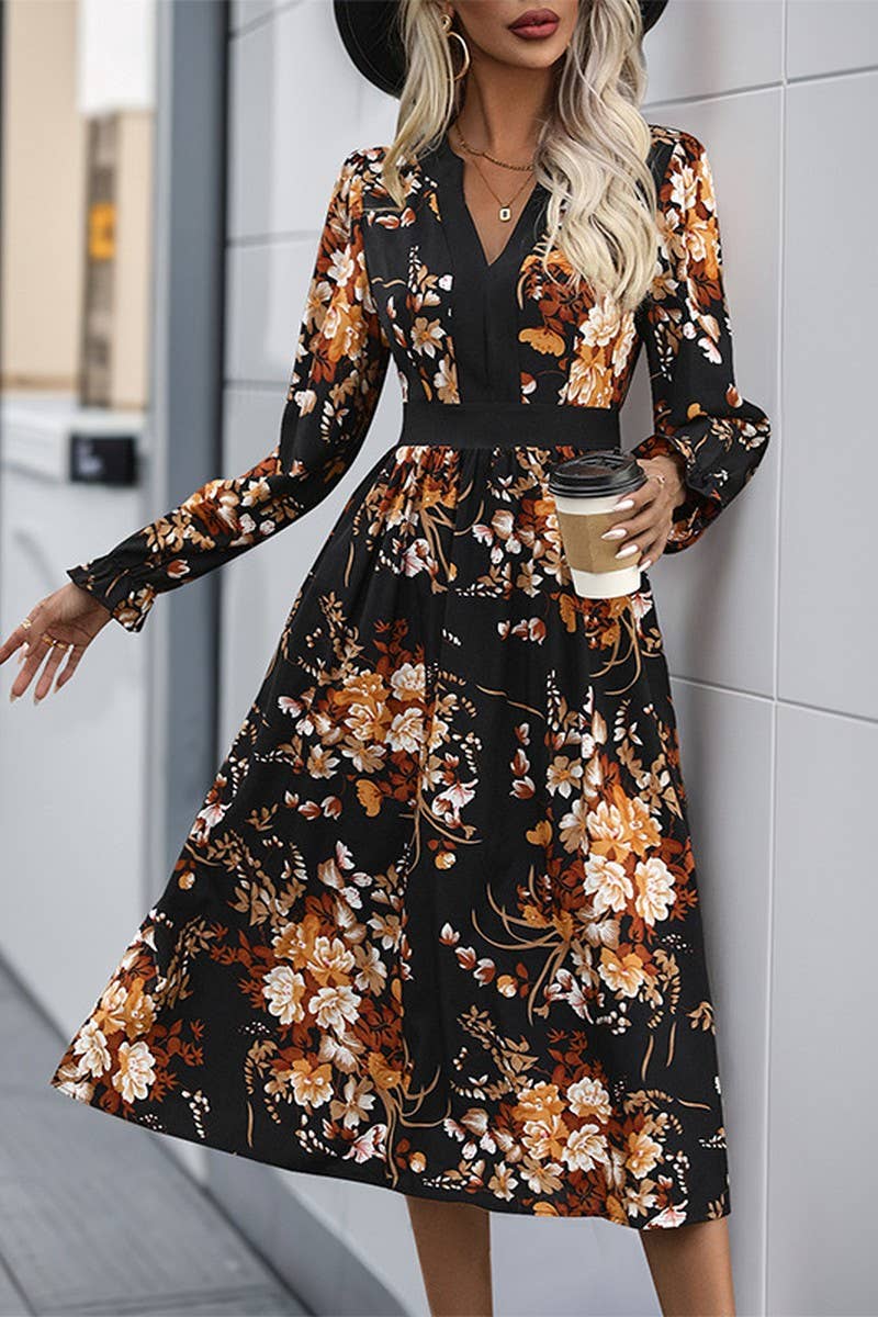 BLACK CWDMD3568_V-NECK PRINTED LONG-SLEEVED MIDI DRESS for wholesale on Faire1