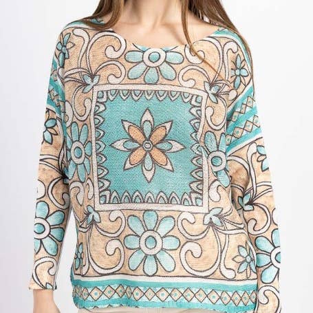 C5134 Beige Blue Floral Knit Printed Sweater LOOWIE for wholesale by LOOWIE