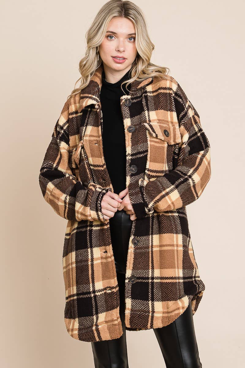 BNS - Wholesale Shirt Jacket/Shacket - Women's - Plaid Print Drop Shoulder Teddy Shacket w/Pockets3