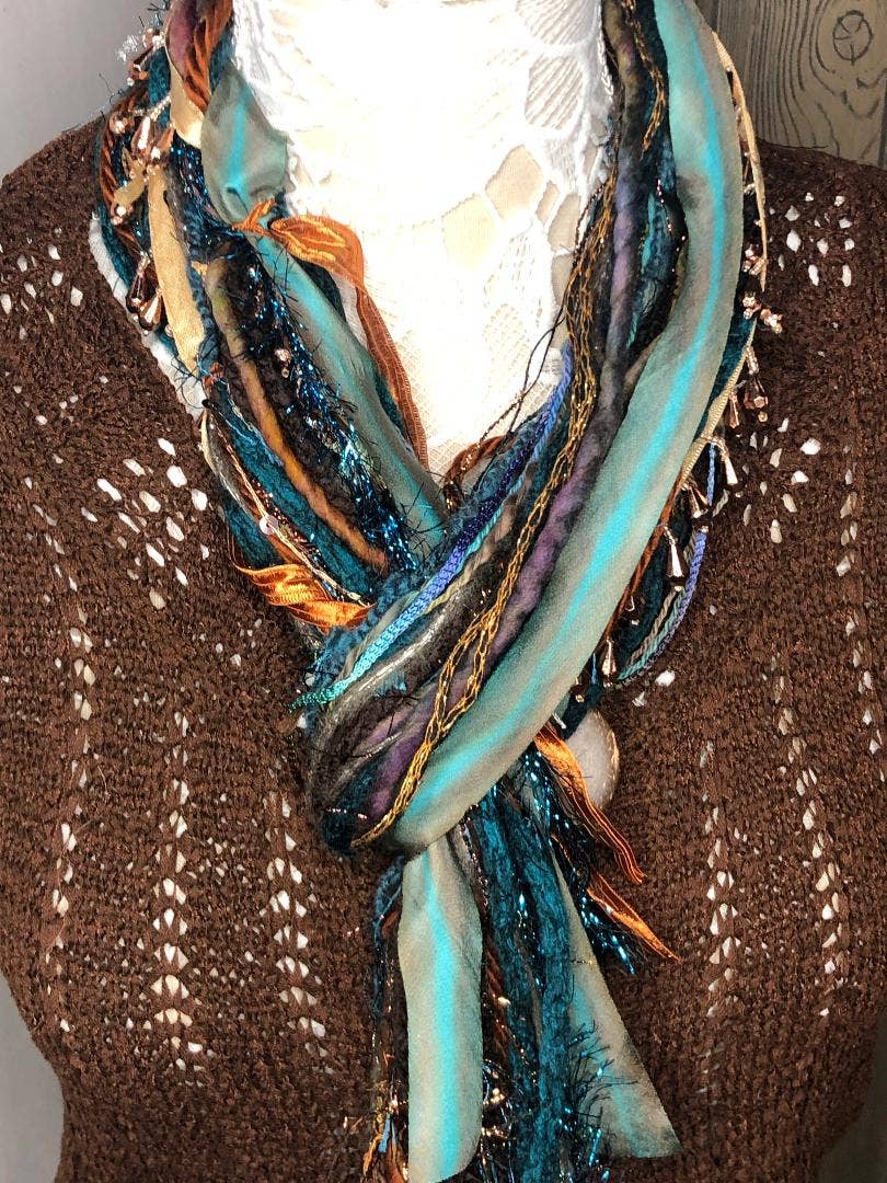 Scarves of Westwood - Wholesale Scarf - Women's - Bronze & Turquoise Fringe Scarf - Artisan Made3