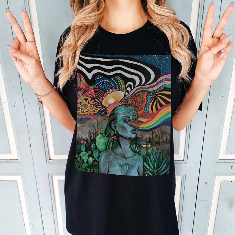 Black Vision Quest Trippy Shirt, Psychedelic Hippie T-shirt for wholesale on Faire