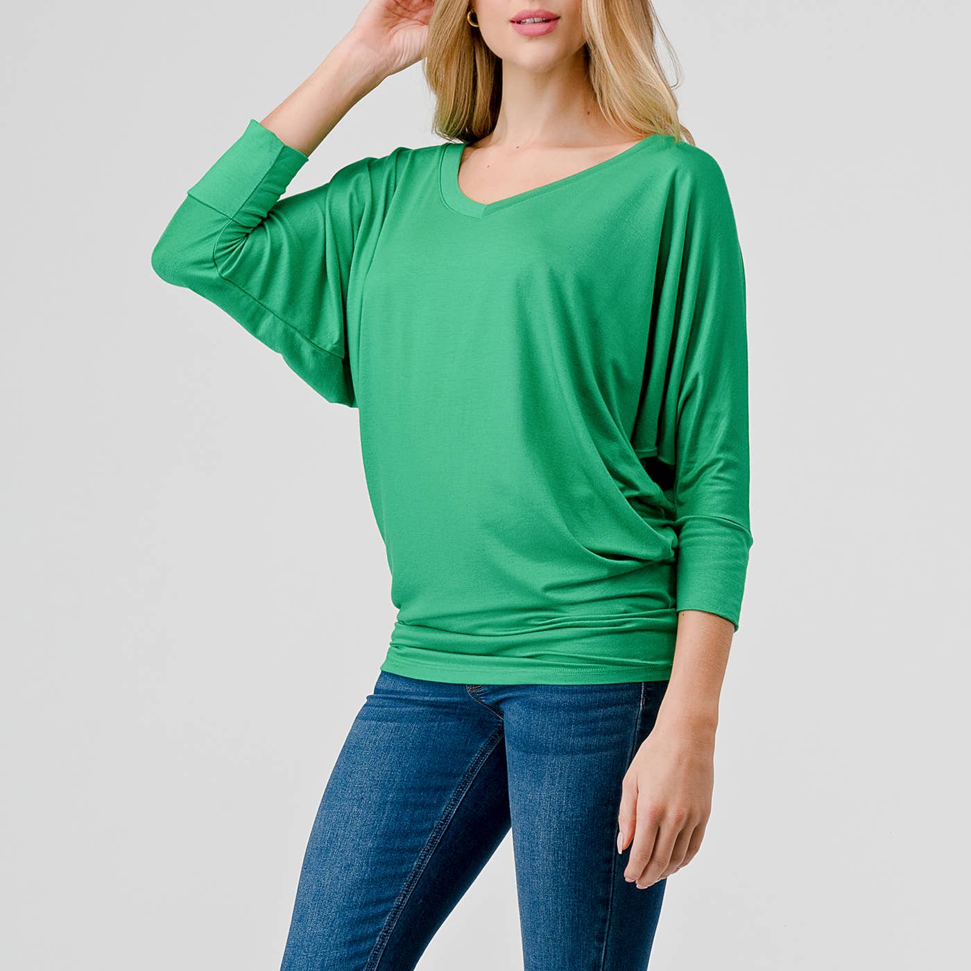 Heimious - Wholesale Knit Top - Women's - 3/4 Dolman Sleeve V-neck Modal Jersey Top, 2573106