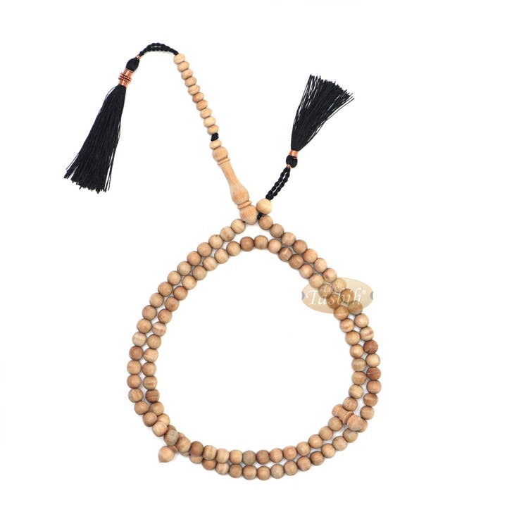 Islamische Gebetsperlen aus Sandelholz, 7 mm, 100 Perlen, duftendes Holz, schwarze Quasten in einer Box für den Großhandel von IndoMode