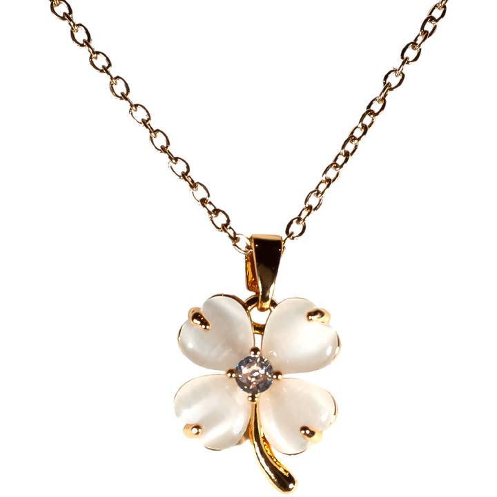 Collana con Pendente Quadrifoglio Bianco, Placcata in Oro per la vendita all'ingrosso da parte di Byzantium Collection Ltd