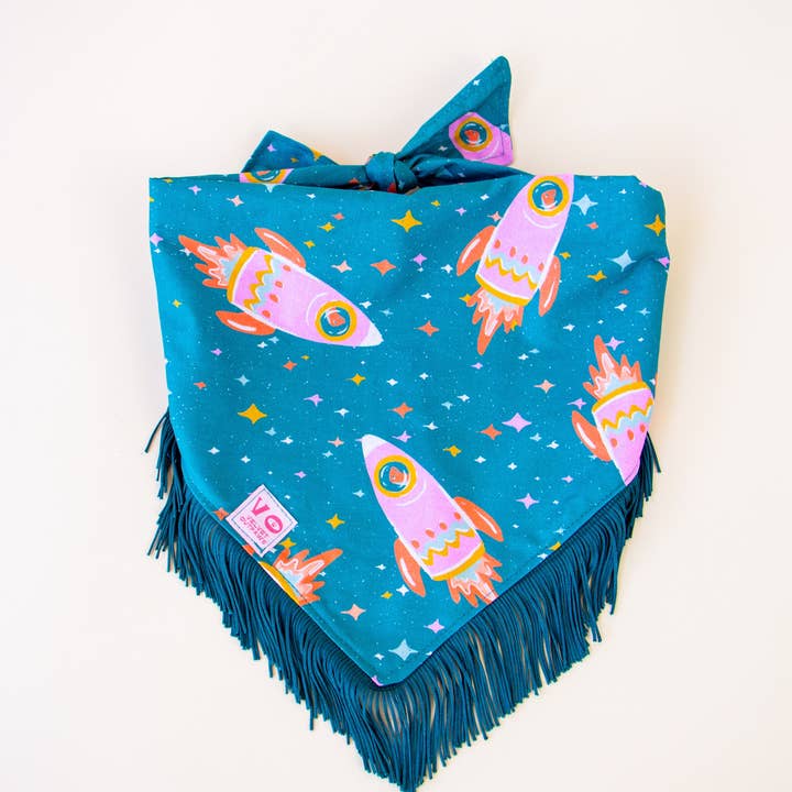 Velvet Outlaw - Wholesale Pet Bandana - Dog - Space Cowboys with Teal Fringe Dog Bandana4