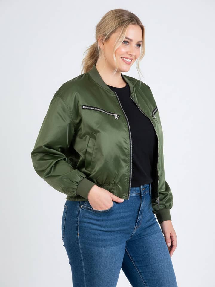 Plus-size khaki bomber (C6535) for wholesale by Pomme Rouge Paris