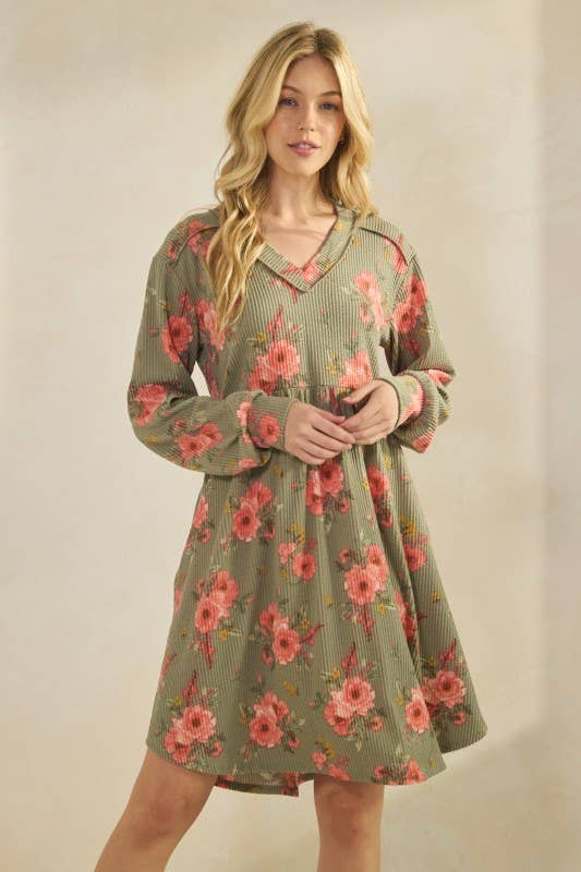 HEIMISH – Engroshandel Kjole - Dame – ED6869-12 LANG PUFFÆRMET BLOMSTRET URBAN RIB BABYDOLL KJOLE1