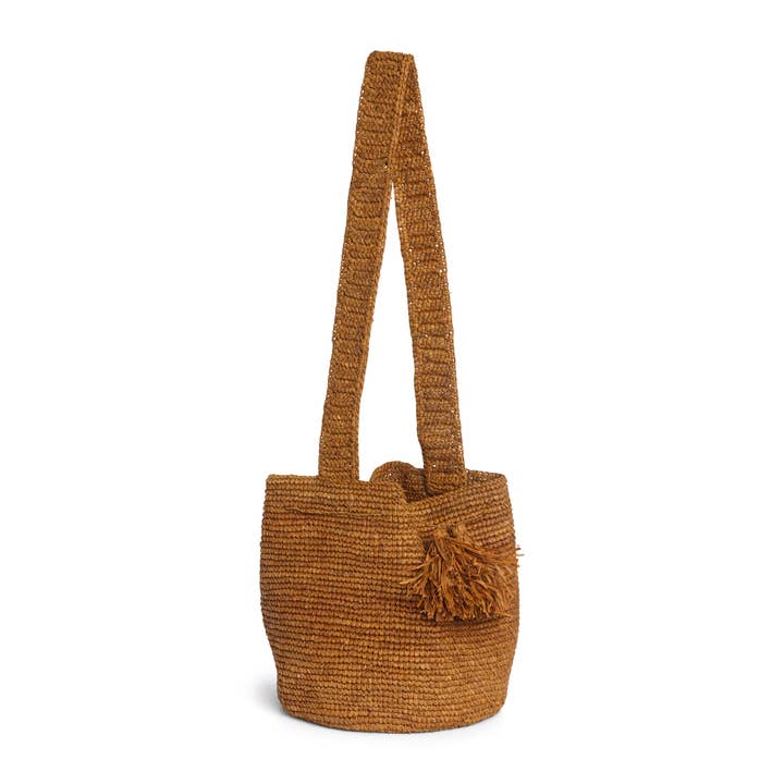 Raffia Cross Body Bucket Basket - Tan for wholesale by Somerville Scarves
