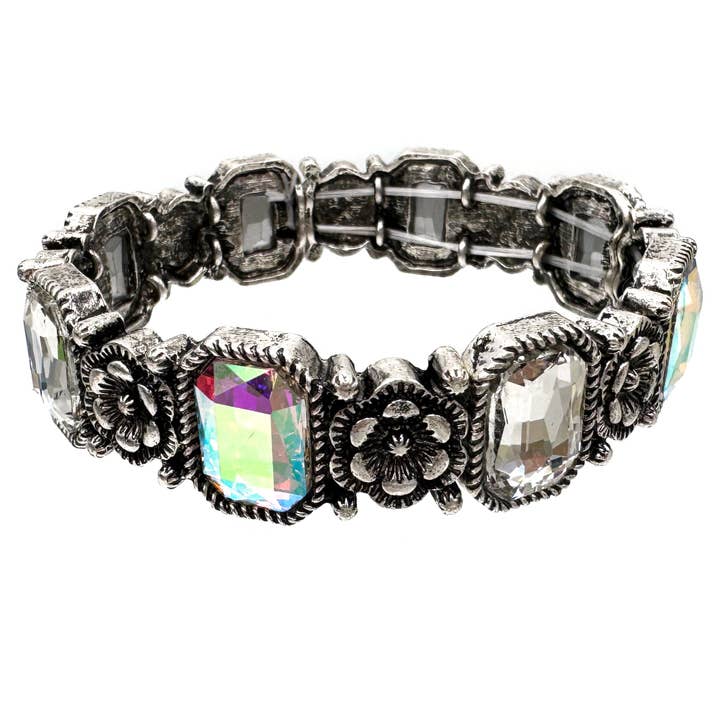 Crystal Turquoise Navajo Flower Silver Stretch Bracelet for wholesale by Lunar Deer