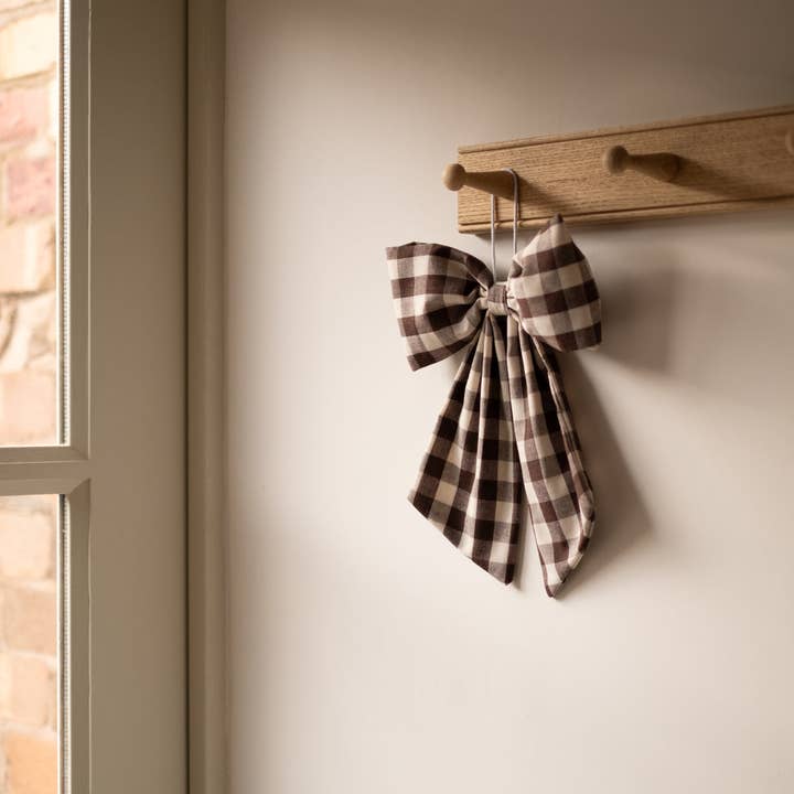 Hudson Home - Wholesale Ornament - Cream and Brown Gingham Hanging Bow2