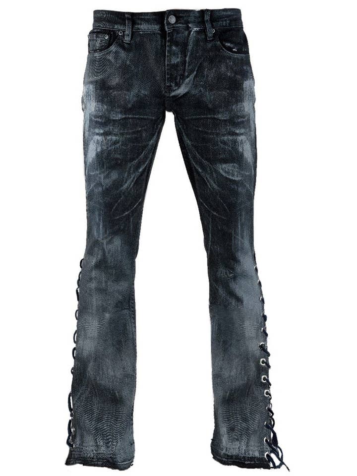 Blå Tvättade sidan snörning utsvängda jeans för wholesale på Faire