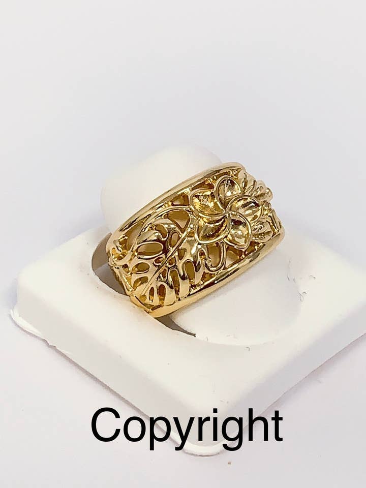 Hawaiian Hamilton Gold Bamboo Plumeria Flower Monstera Ring for wholesale by Anela's Jewelry