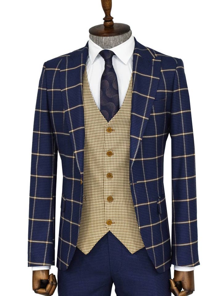 Checked Patterned Slim Fit Navy Blue Men Suit - Wessi for wholesale by Wessi
