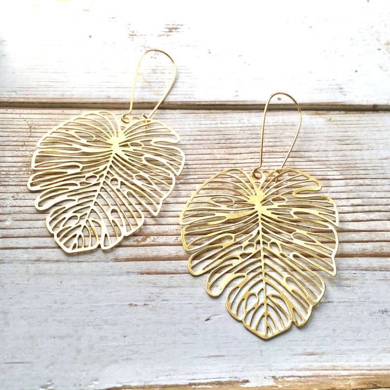 Red Truck Designs - Wholesale Dangle Earrings - Monstera Leaf Earrings Large Long Gold Lace Tropical2