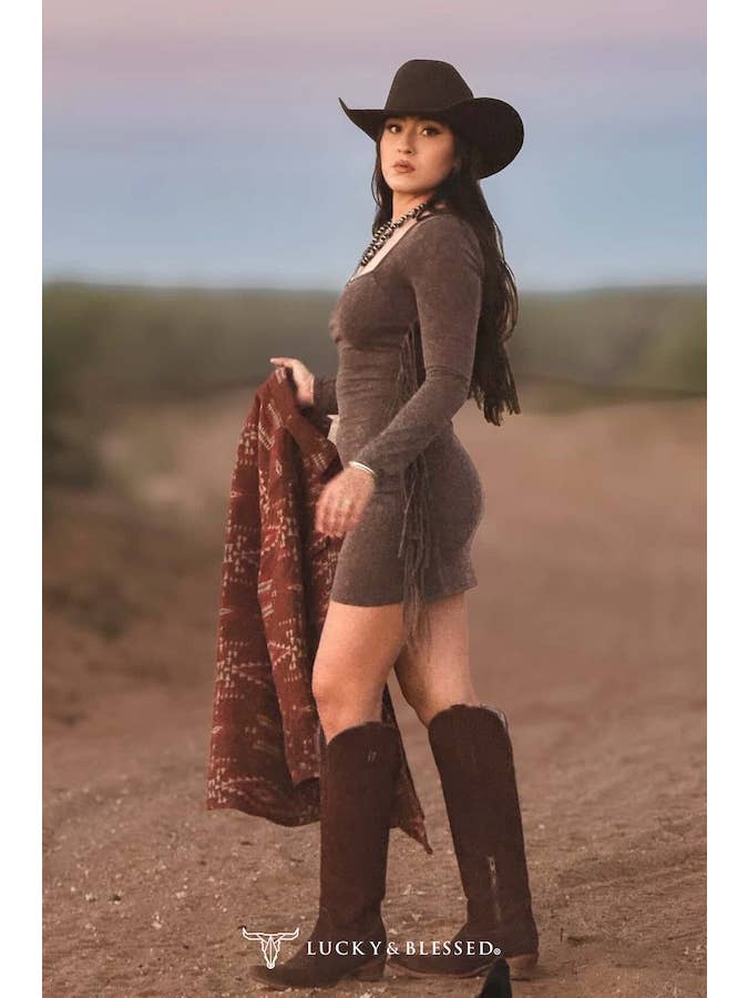 LUCKY & BLESSED - Wholesale Dress - Women's - Brown Mineral Wash Side Fringe Long Sleeve Square Neck Dress1